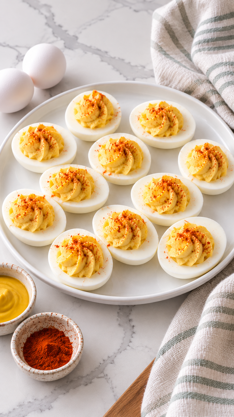 White platter of classic deviled eggs beside mustard and paprika.