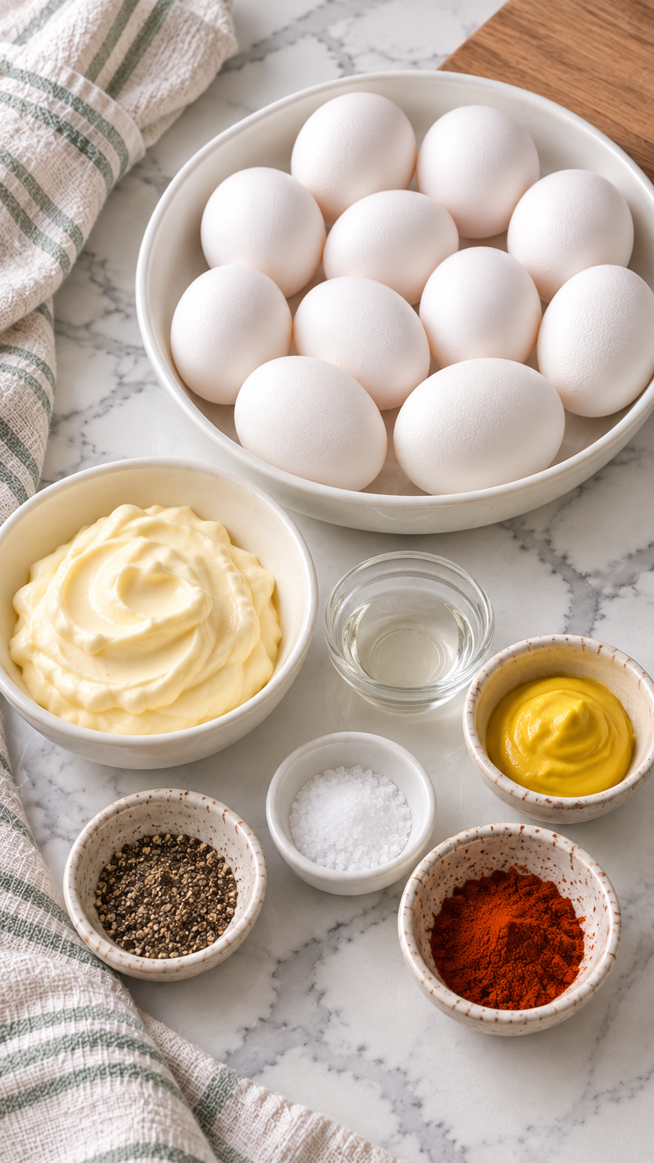Eggs, mayonnaise, white vinegar, yellow mustard, salt, black pepper, and paprika for deviled eggs.