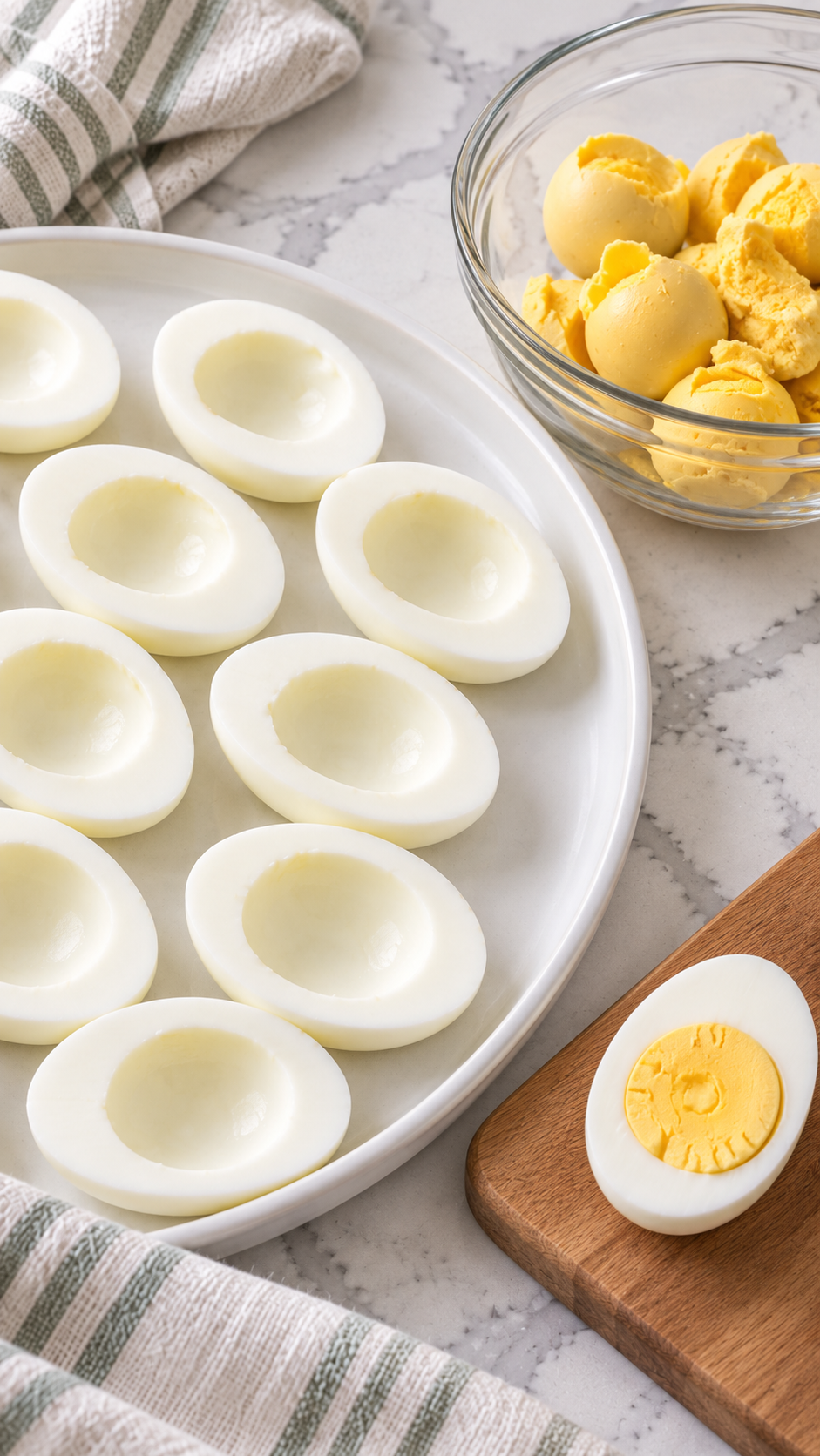 Halved egg whites on a platter with separated cooked yolks in a bowl.