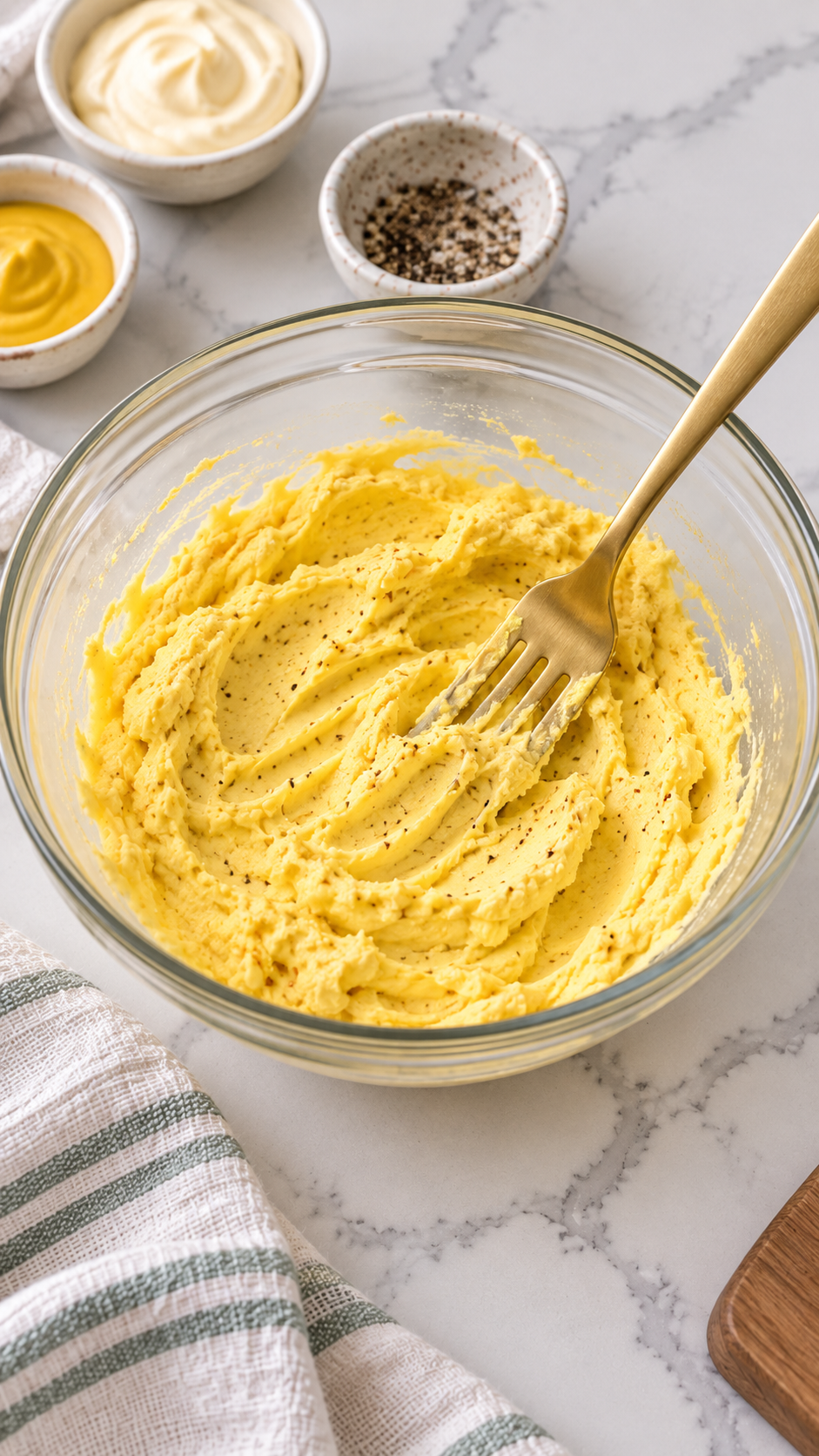 Creamy yellow yolk filling mixed in a glass bowl with a fork.