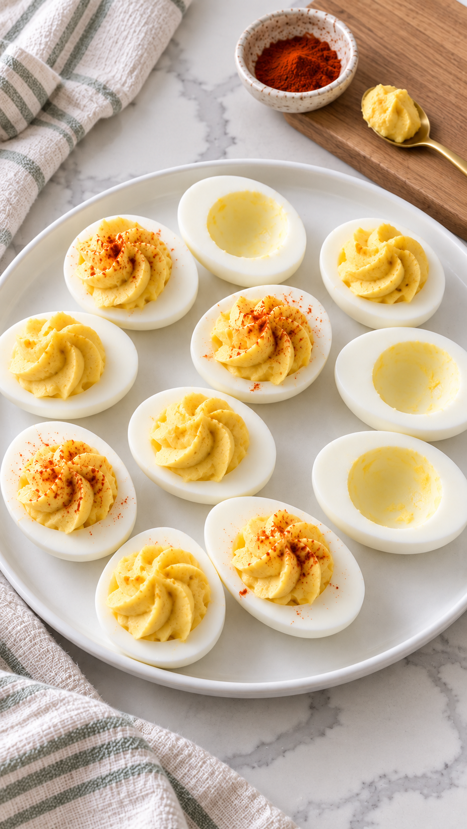 Egg white halves being filled, with some finished deviled eggs dusted with paprika.
