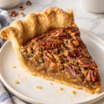 Finished slice of pecan pie served beside a cup of coffee