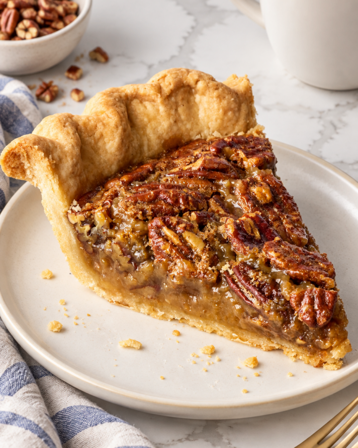 Finished slice of pecan pie served beside a cup of coffee