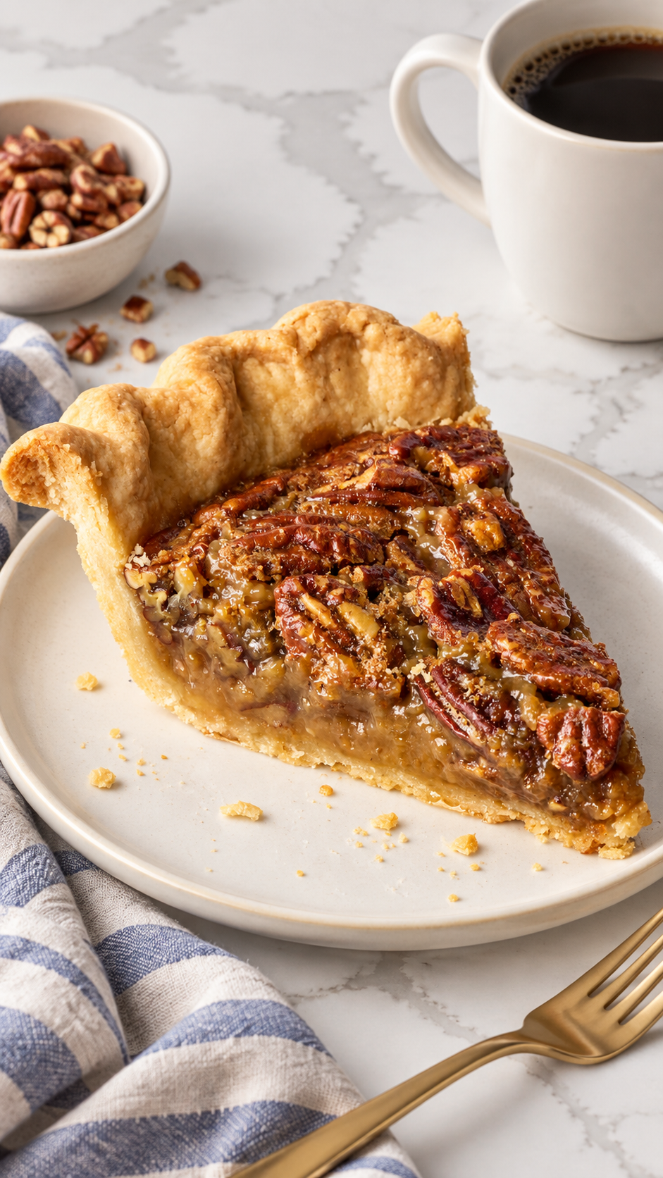 Finished slice of pecan pie served beside a cup of coffee