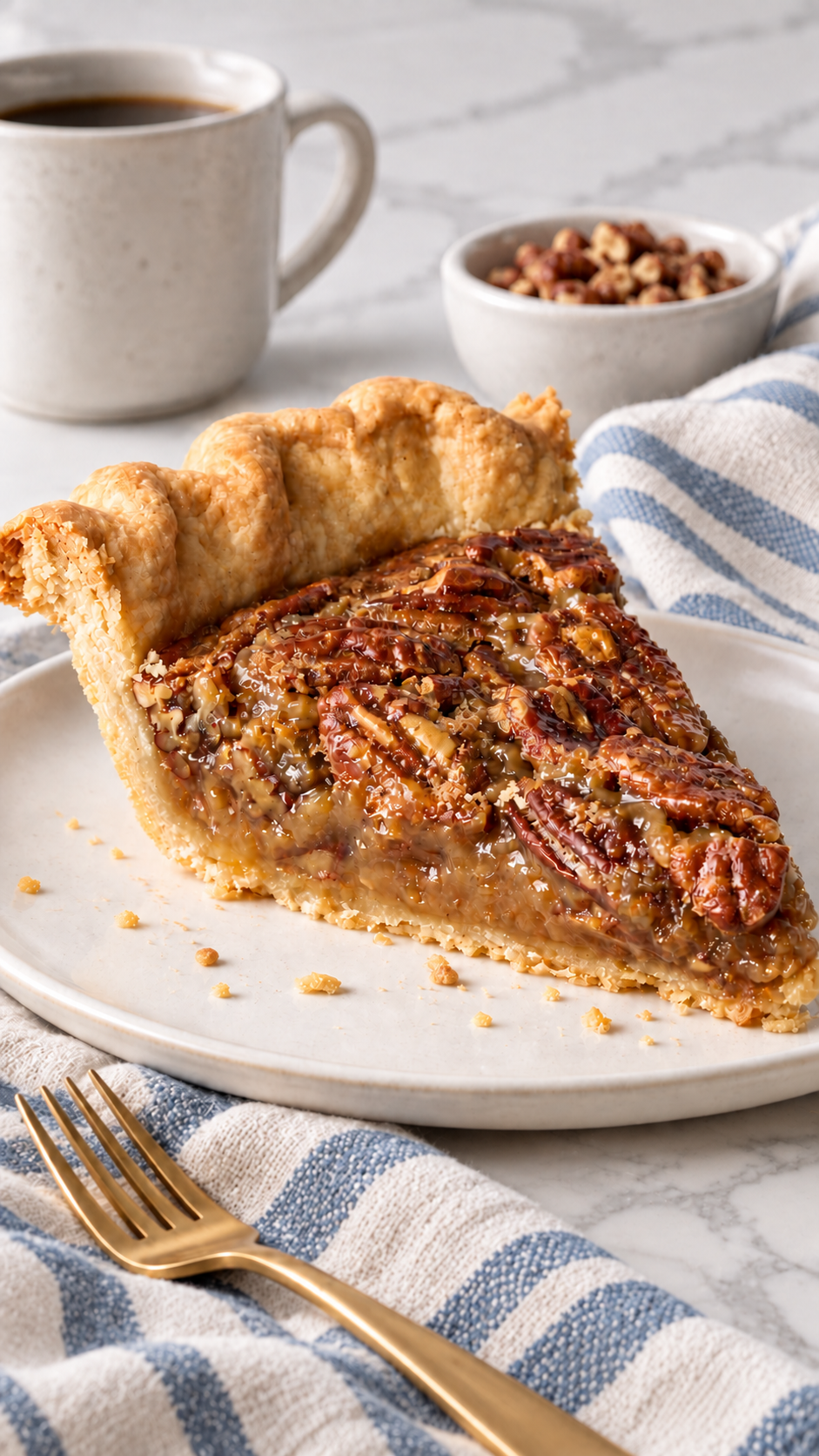 Close side view of pecan pie showing amber filling and flaky crust