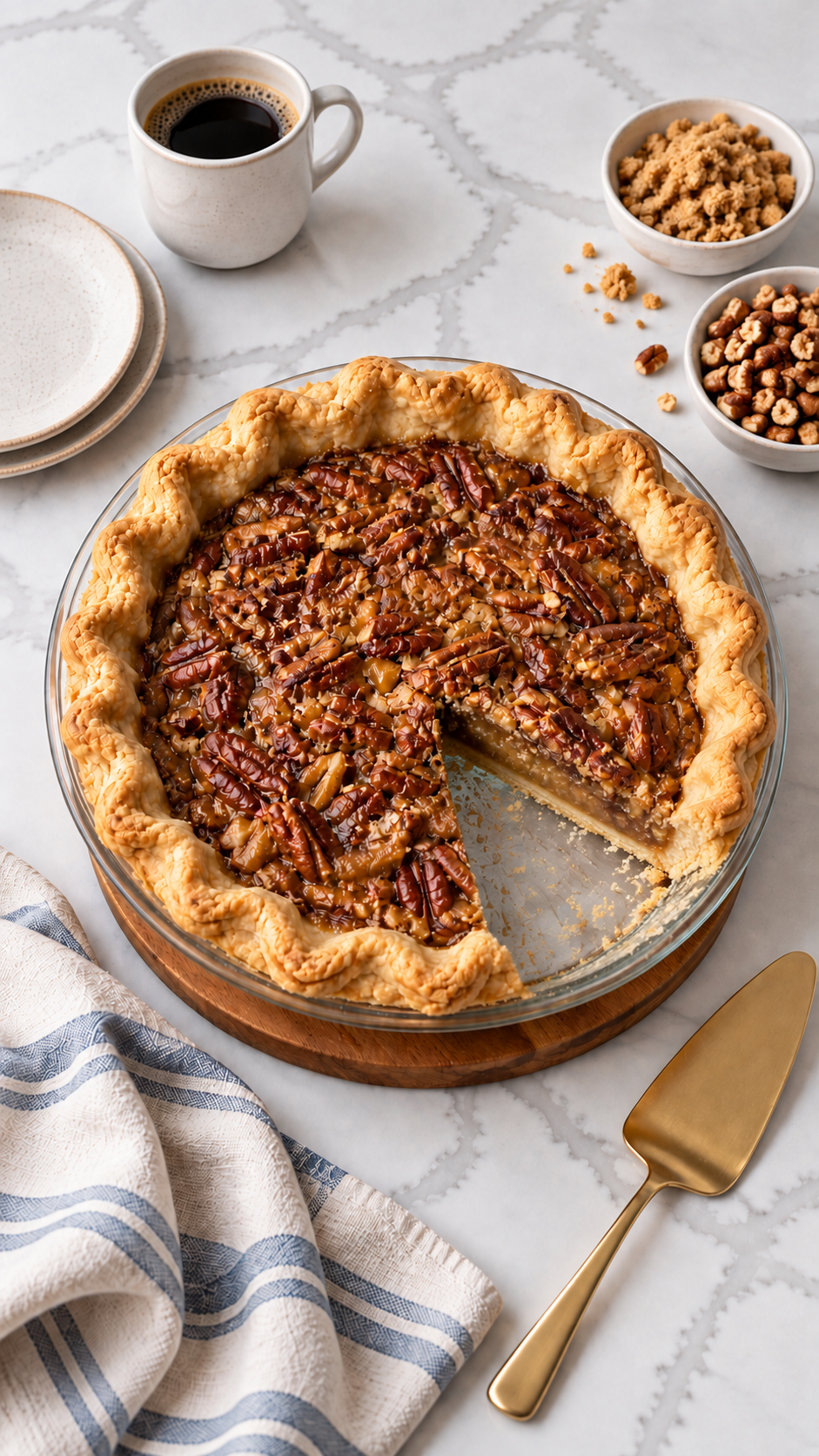 Baked pecan pie with one slice removed, showing the amber filling and bottom crust