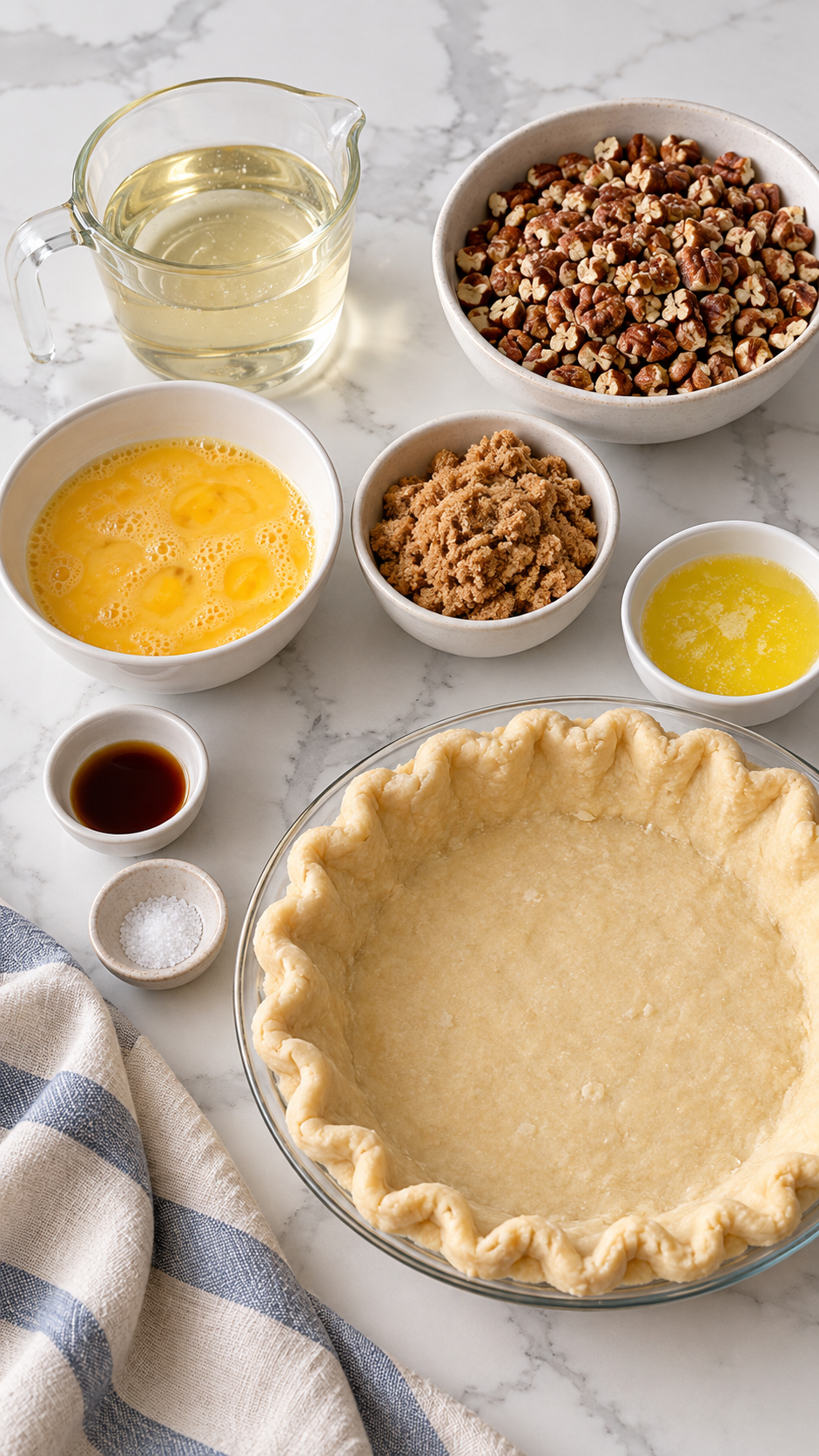 Corn syrup, eggs, brown sugar, butter, vanilla, salt, pecans, and an unbaked pie crust