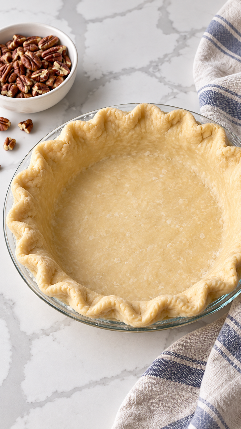 Unbaked crimped pie crust fitted into a glass pie plate