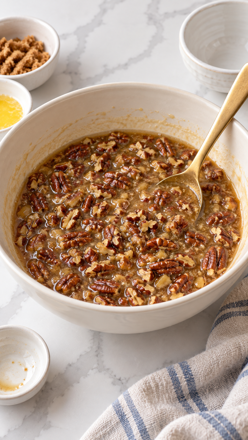 Chopped pecans stirred into the uncooked pecan pie filling