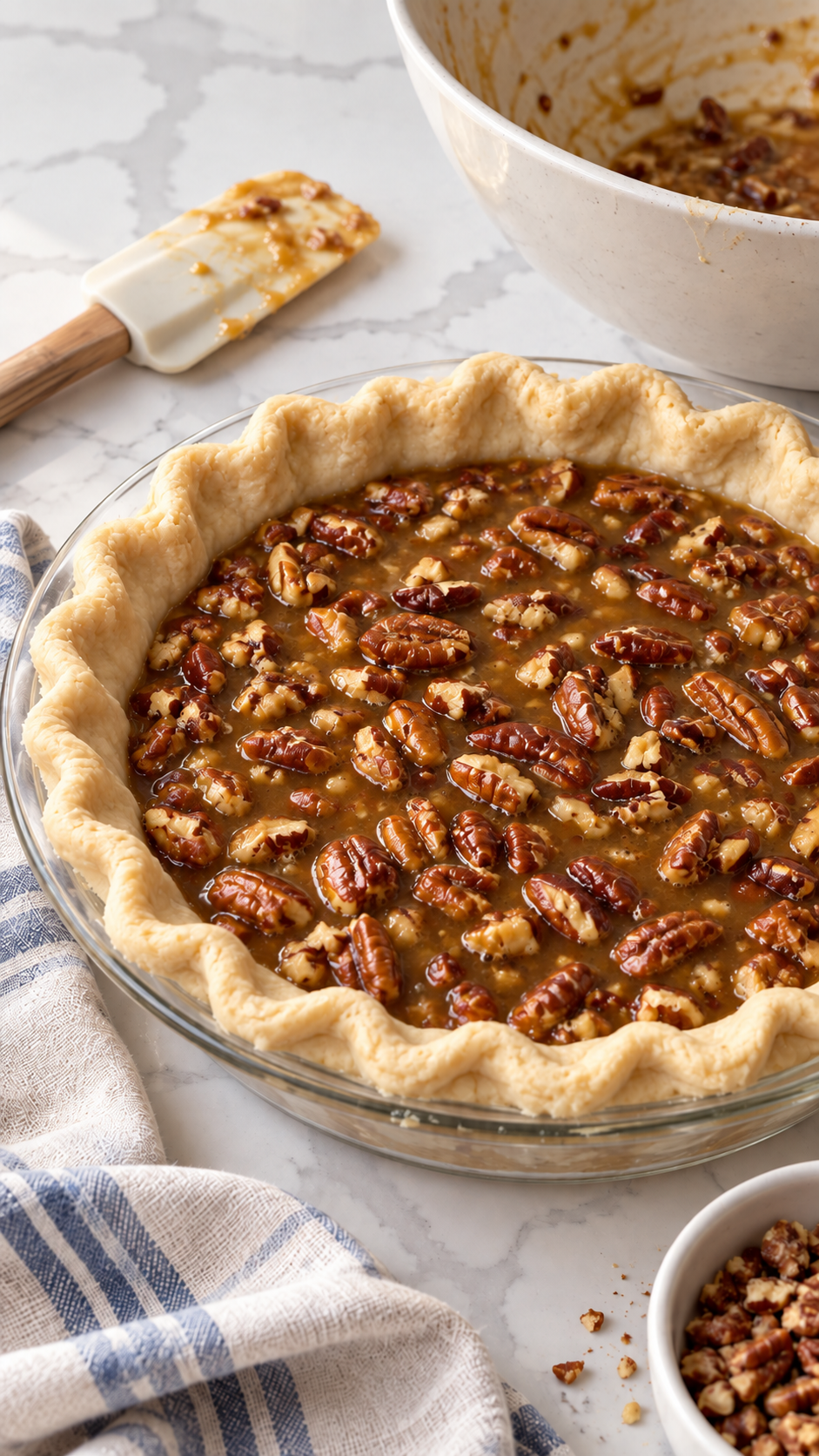 Raw pecan filling poured into an unbaked pie crust