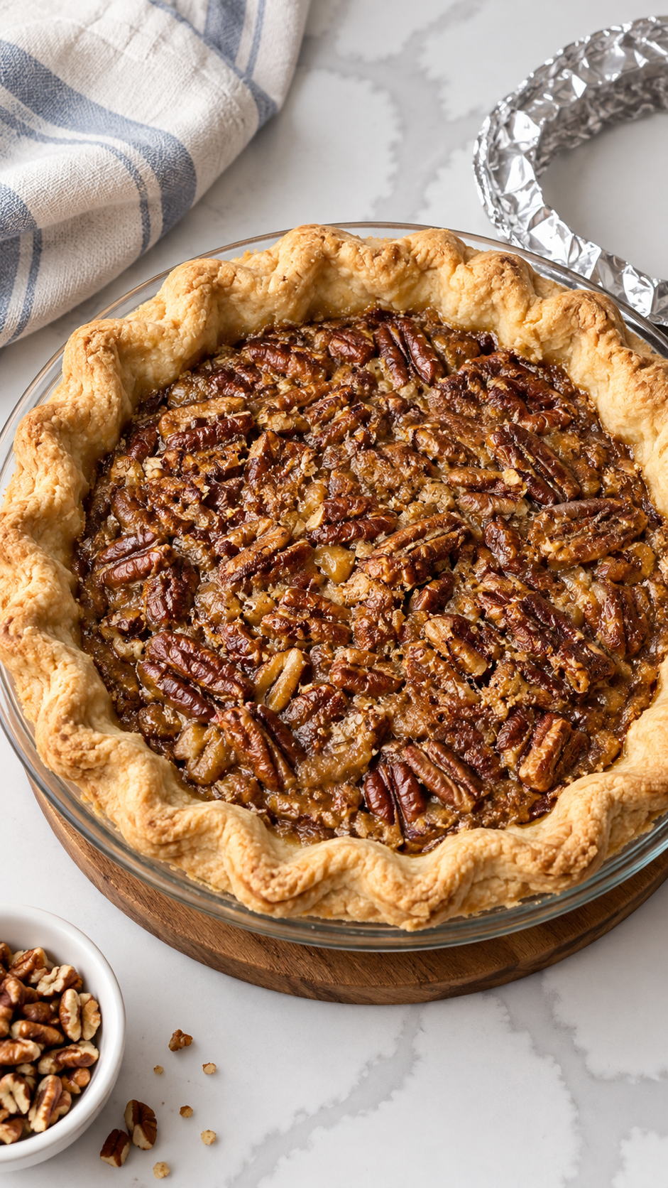 Baked pecan pie with a golden crust and browned pecan surface