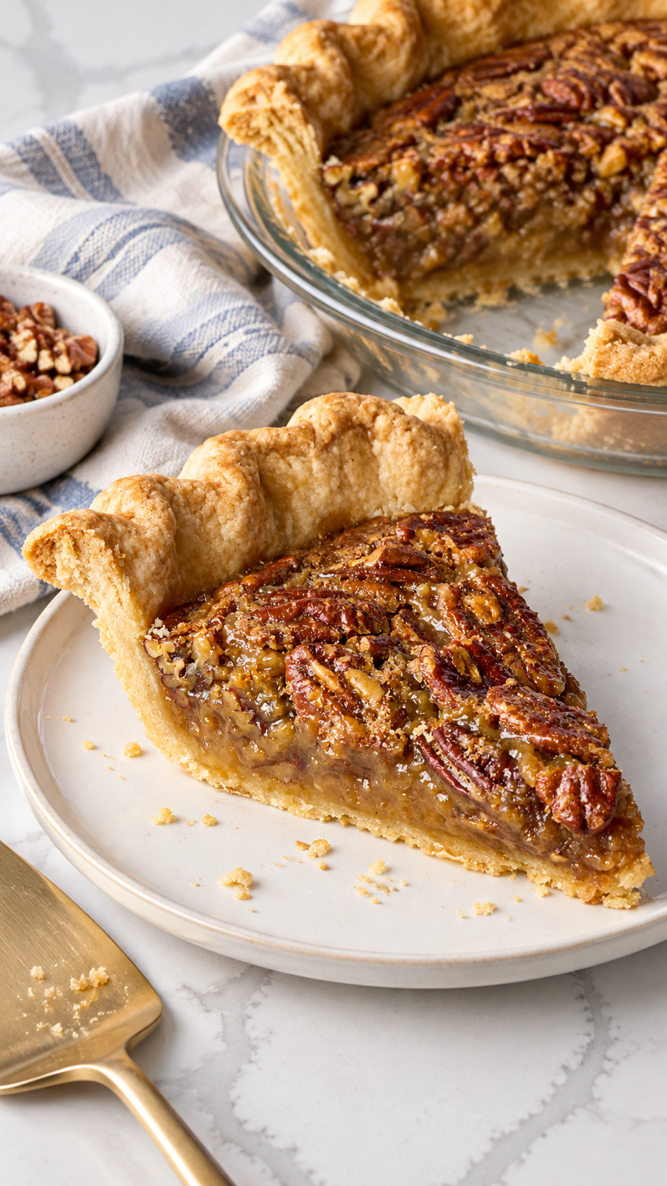 Cooled pecan pie with a slice served on a plate