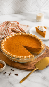 Classic pumpkin pie with one wedge removed and a plated slice with whipped cream nearby.
