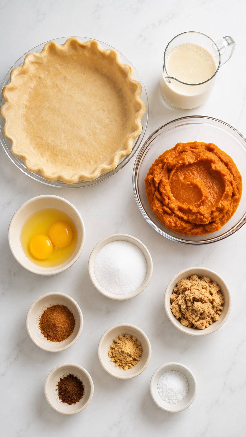 Ingredients for classic pumpkin pie arranged on a bright white quartz counter.