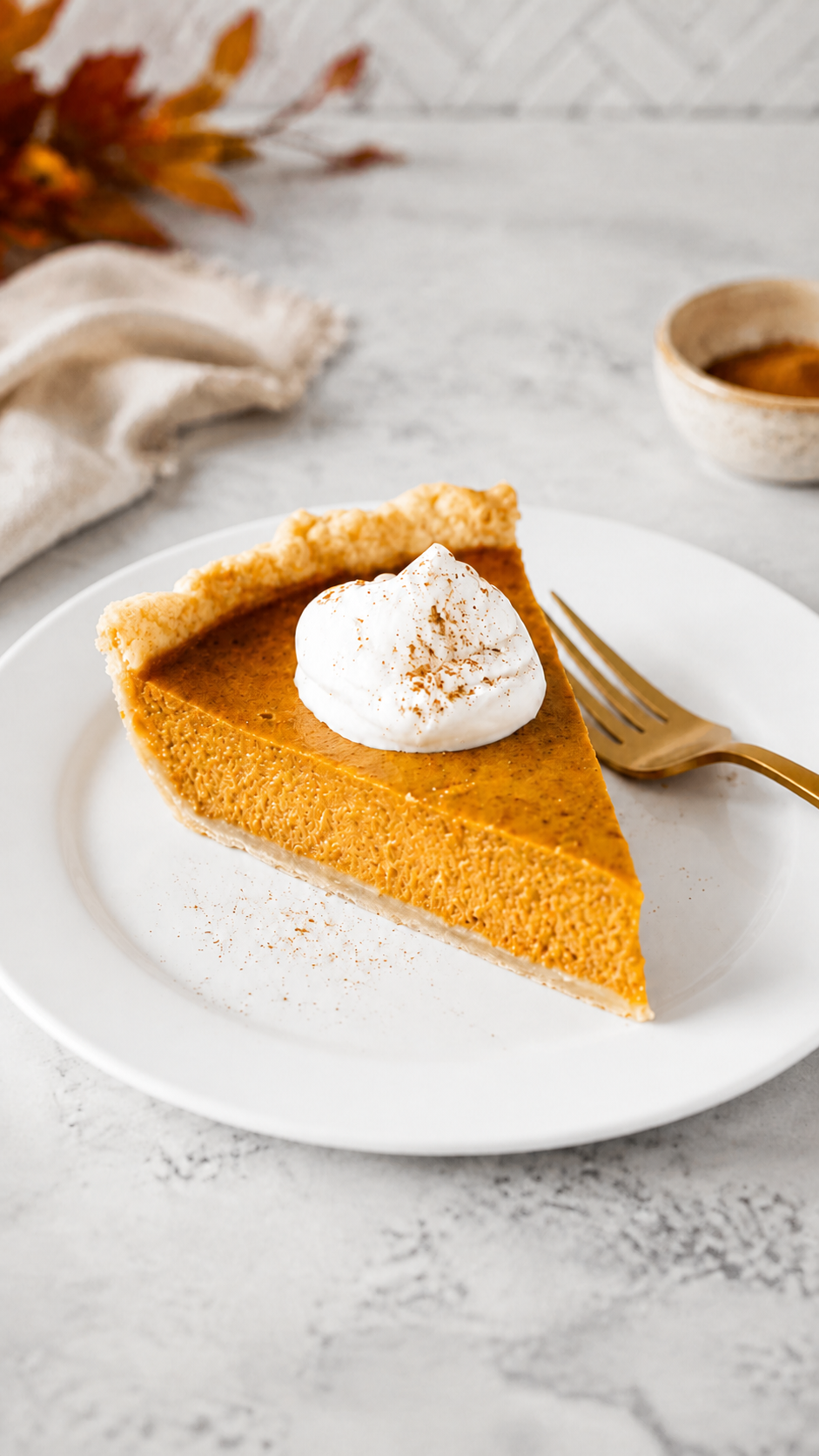 Slice of classic pumpkin pie with whipped cream on a smooth white porcelain plate.
