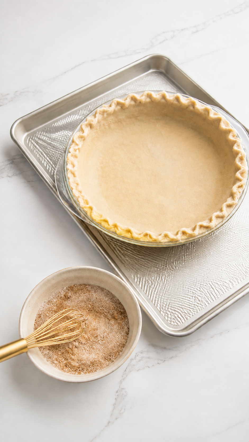 Deep-dish pie crust on a rimmed baking sheet beside a bowl of pumpkin pie sugar and spices.