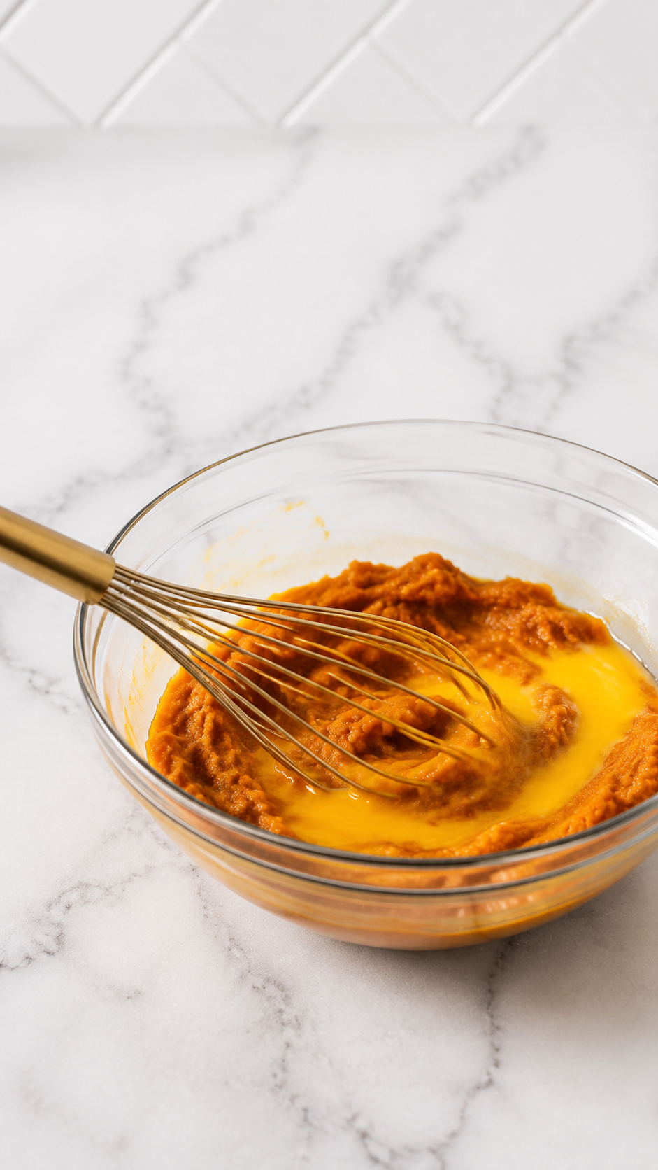 Pumpkin puree and eggs being whisked together in a clear mixing bowl.