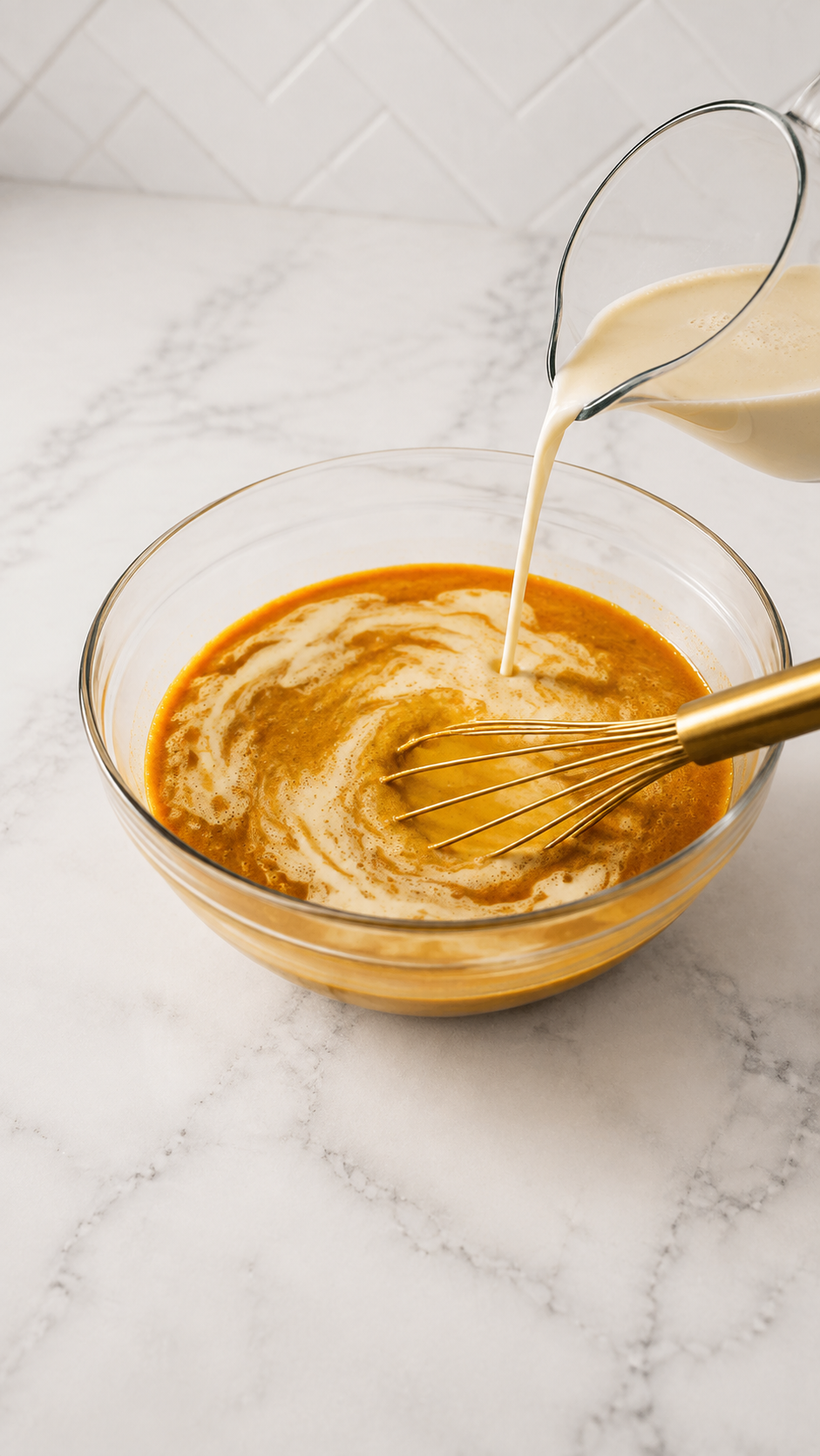 Evaporated milk being poured into smooth spiced pumpkin pie filling.