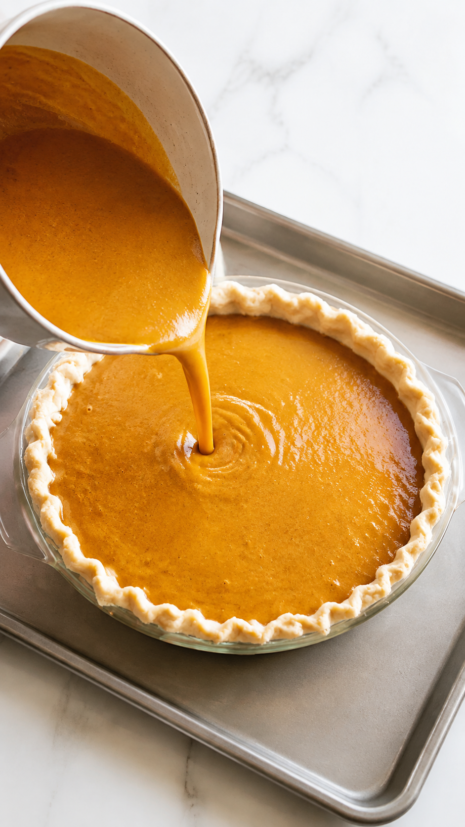 Smooth pumpkin custard filling poured into an unbaked deep-dish pie crust.