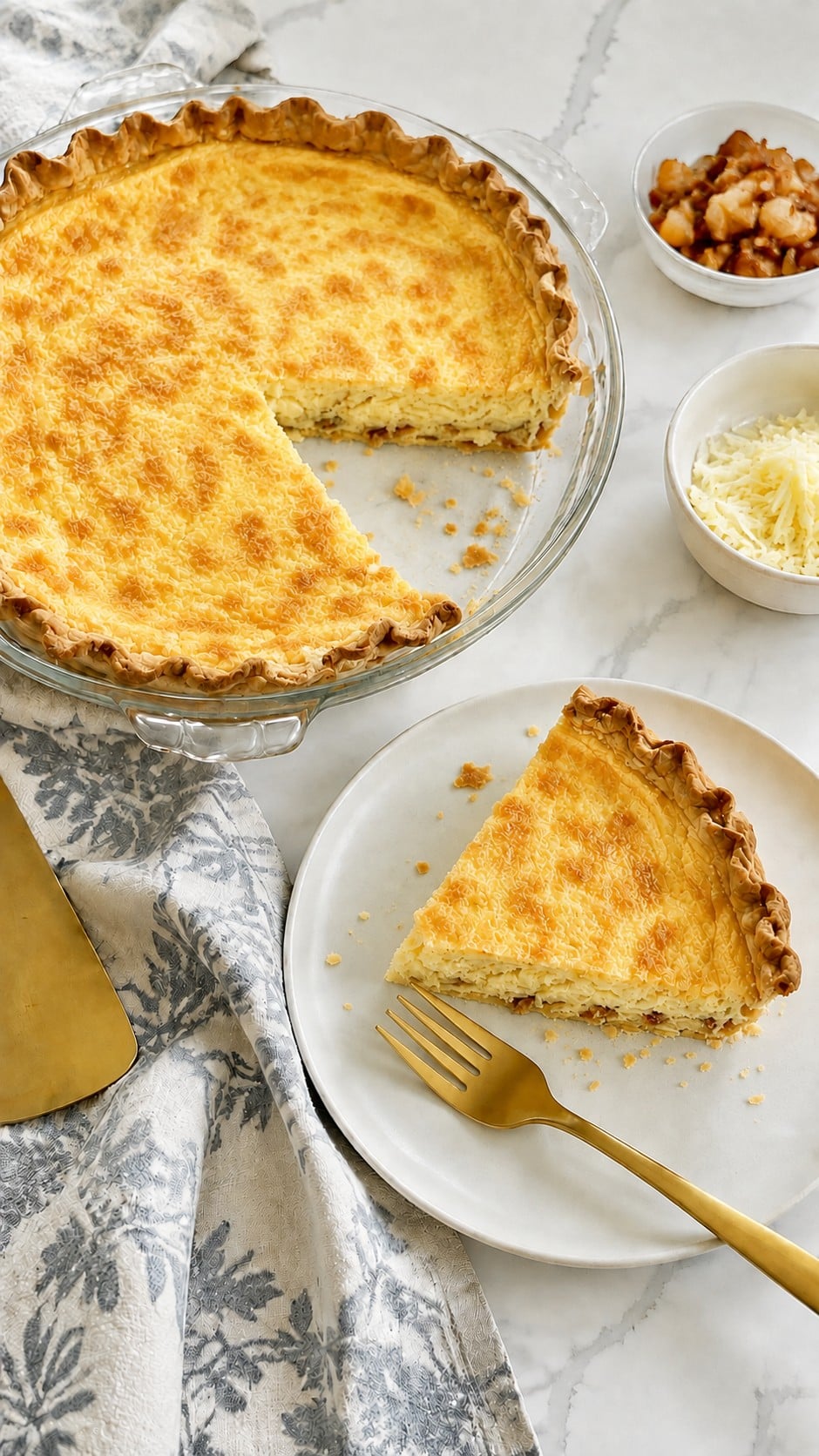 A homemade slice of Quiche Lorraine on a white plate beside the remaining light golden quiche, with flaky pastry crumbs.