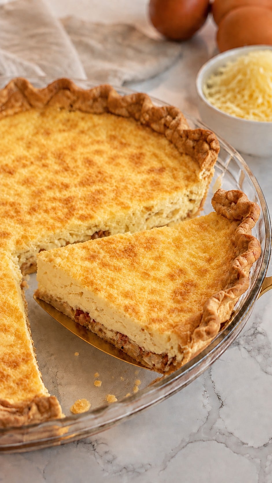 Close view of a naturally cut Quiche Lorraine slice on a gold server with a few flaky crust crumbs in the pie plate.