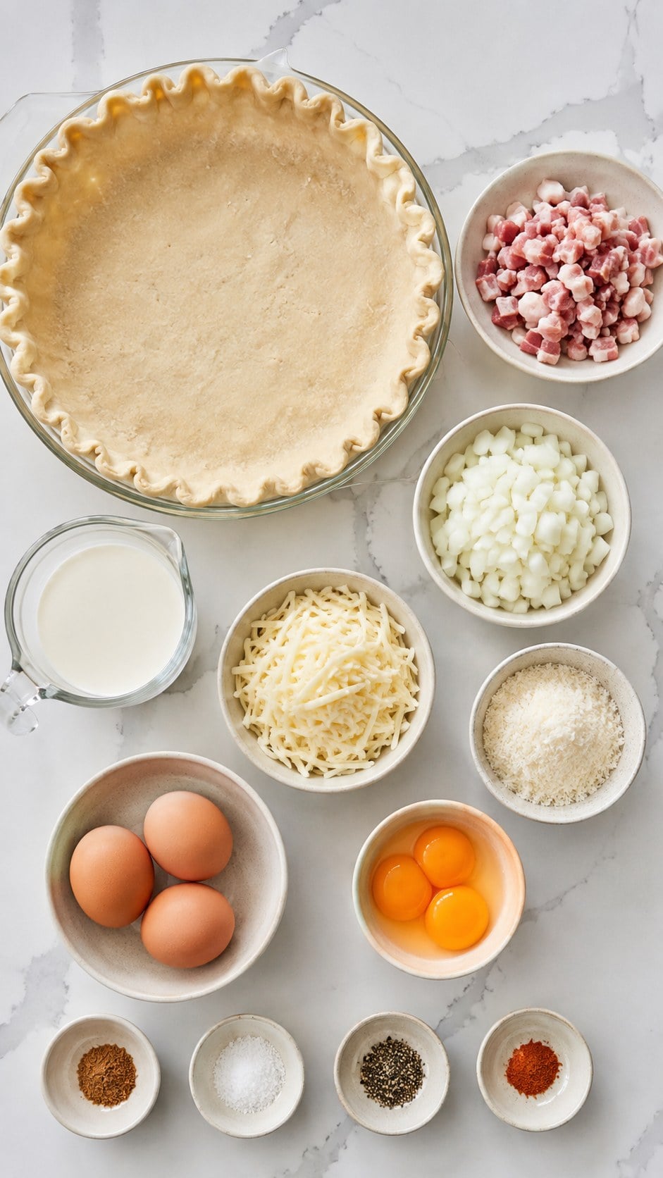 Pie crust, bacon, onion, Gruyère, Parmesan, eggs, egg yolks, heavy cream, nutmeg, salt, pepper, and cayenne for Quiche Lorraine.