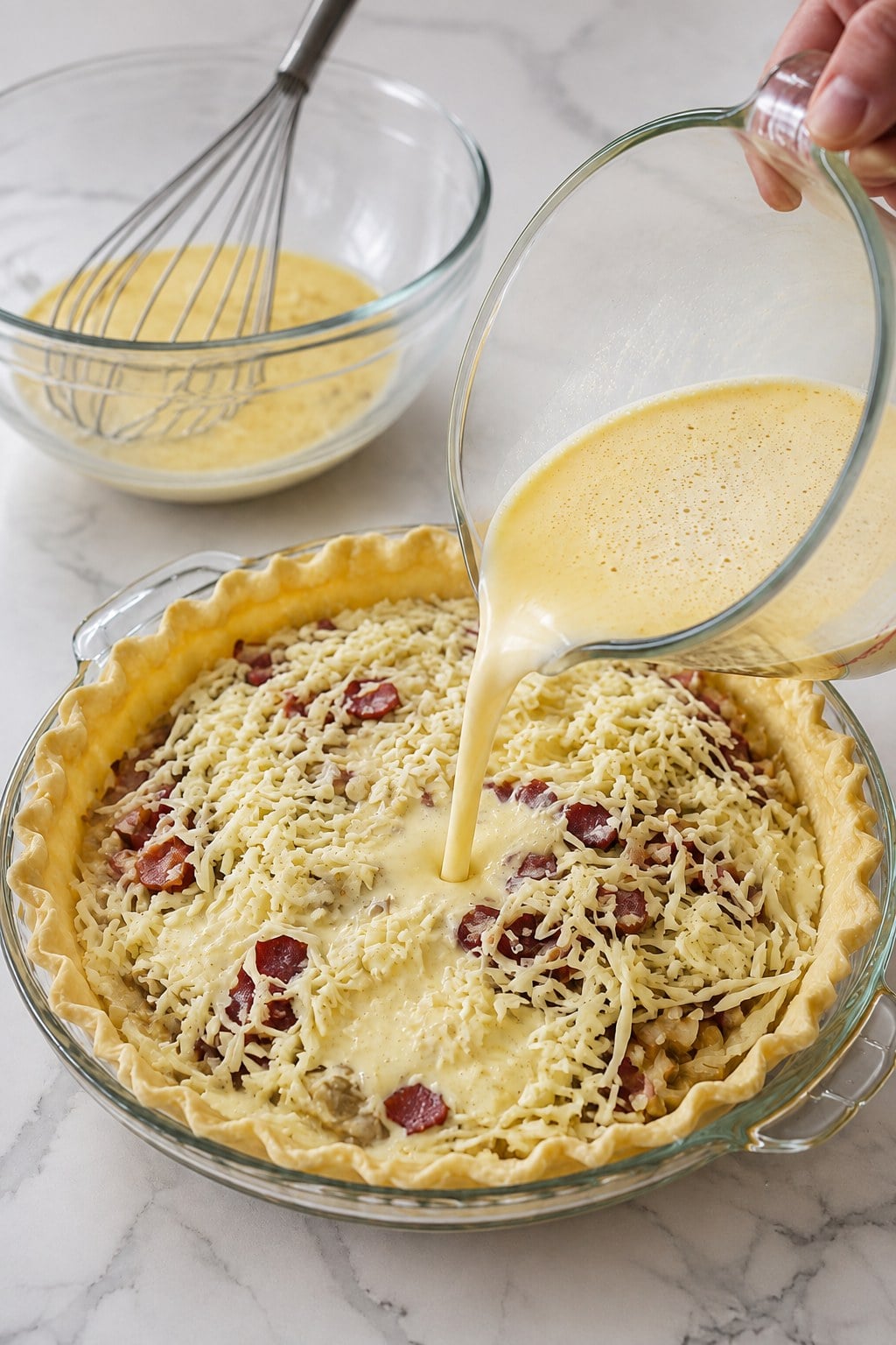 Creamy egg custard being poured over bacon, onion, and cheese in the pie crust.
