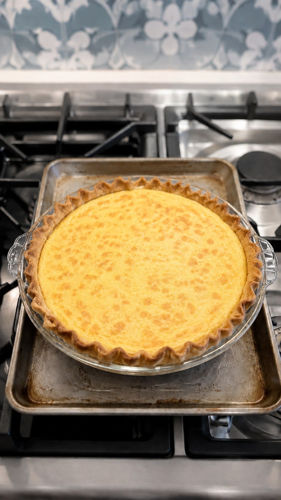 Freshly baked Quiche Lorraine with a set golden top and deeply browned crimped crust.