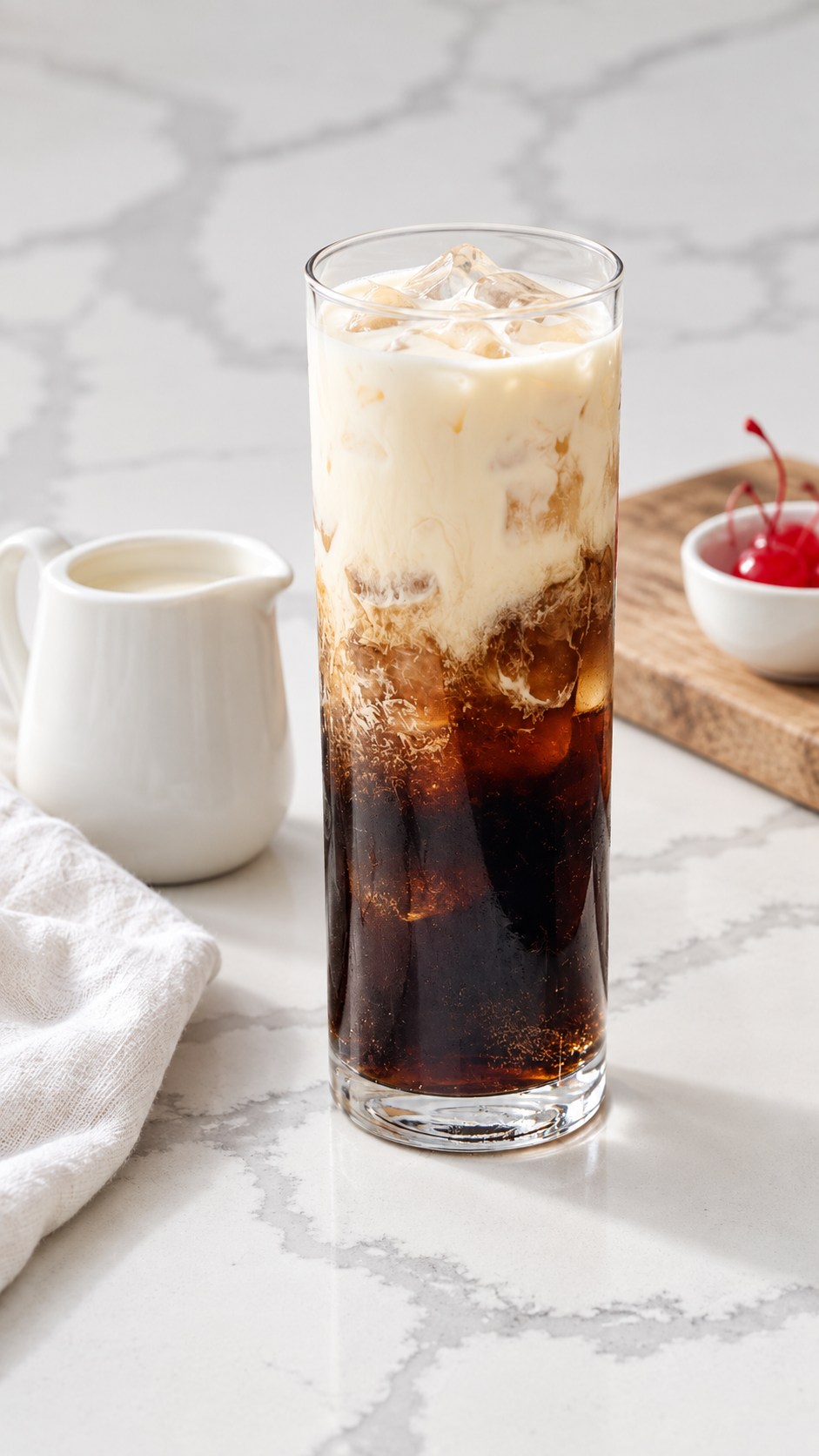 Light cream swirling into the dark coffee-and-cola mixture before stirring.
