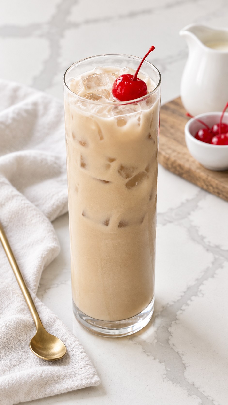 Colorado Bulldog stirred until creamy tan and garnished with a cherry, with a gold spoon beside it.