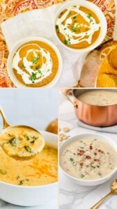 Collage of creamy pumpkin soup, broccoli cheddar soup, and New England clam chowder