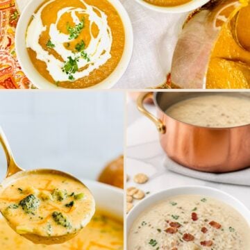 Collage of creamy pumpkin soup, broccoli cheddar soup, and New England clam chowder