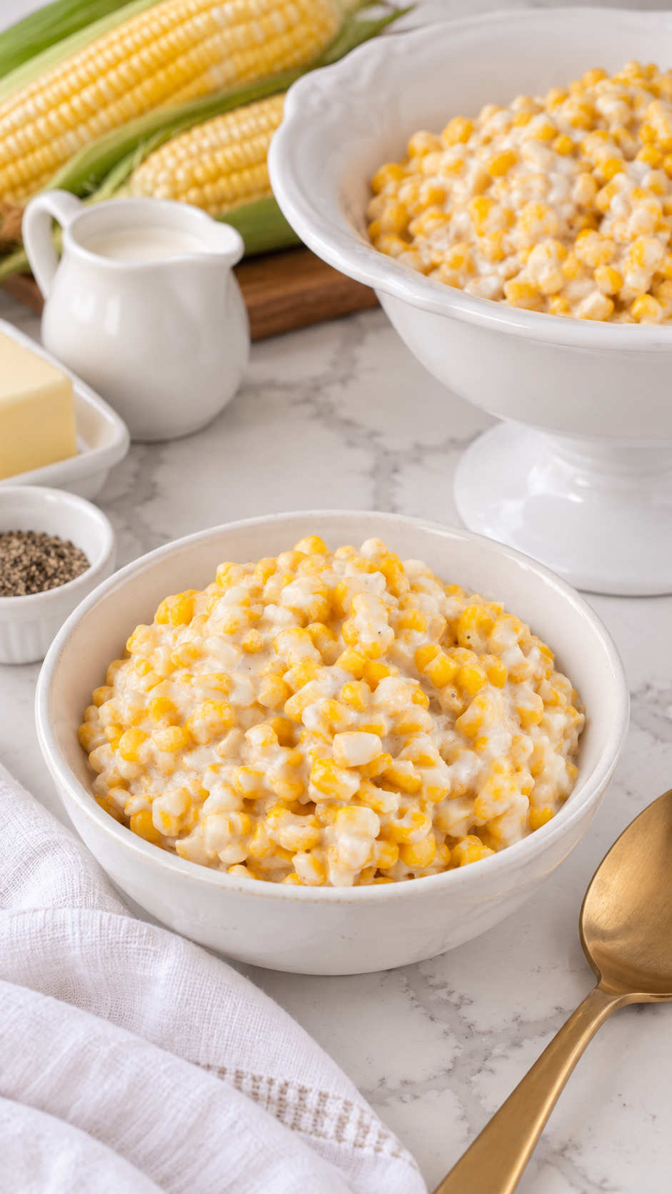 Creamed corn served in an ivory side bowl with a gold spoon nearby.