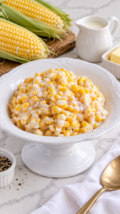 Creamed corn with cream cheese in a white serving bowl with fresh corn and cream nearby.