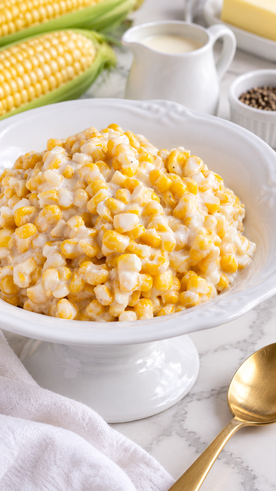 Close-up of corn kernels coated in thick cream cheese sauce.