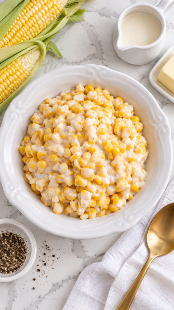 Overhead view of homemade creamed corn in a white serving bowl.