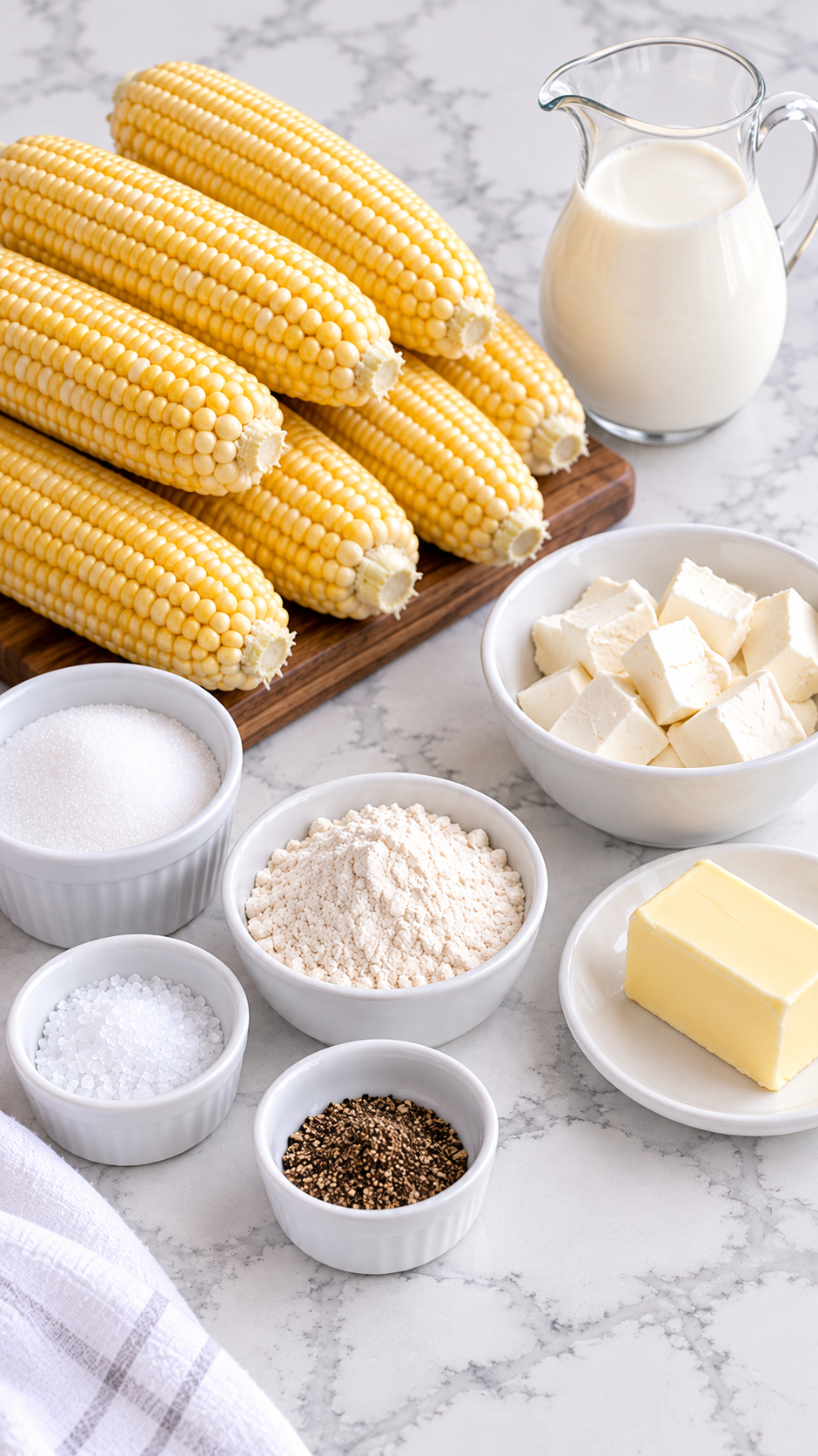 Fresh corn, cream cheese, heavy cream, butter, flour, sugar, salt, and black pepper.