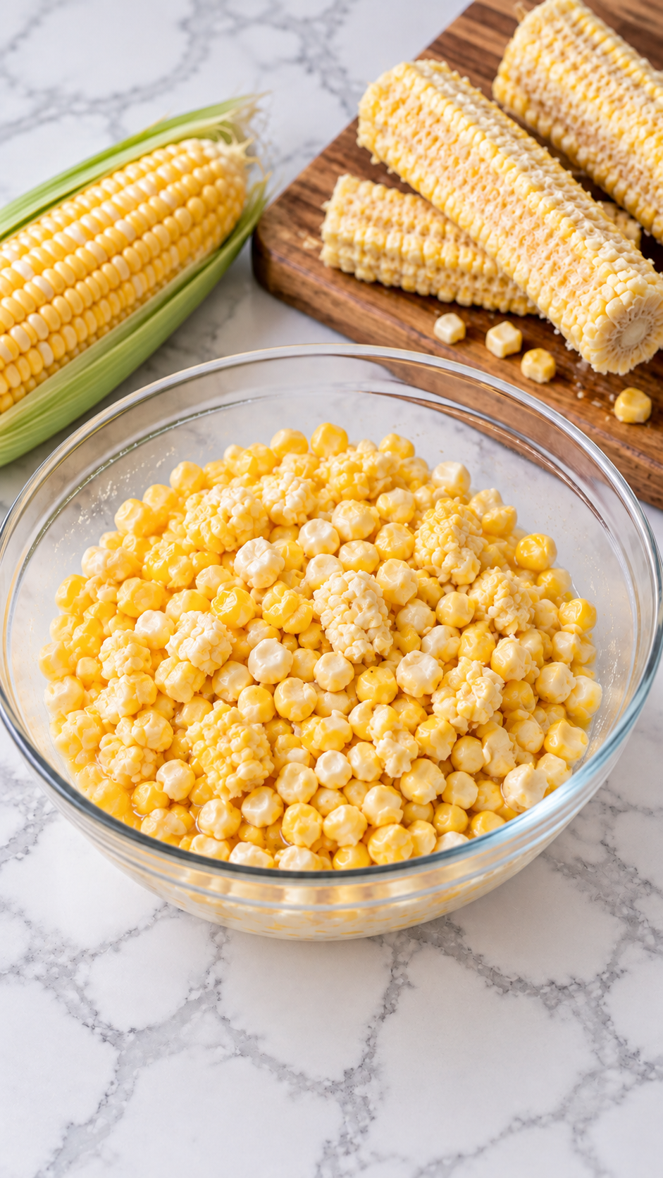 Cut raw corn kernels and corn pulp in a glass bowl beside stripped cobs.