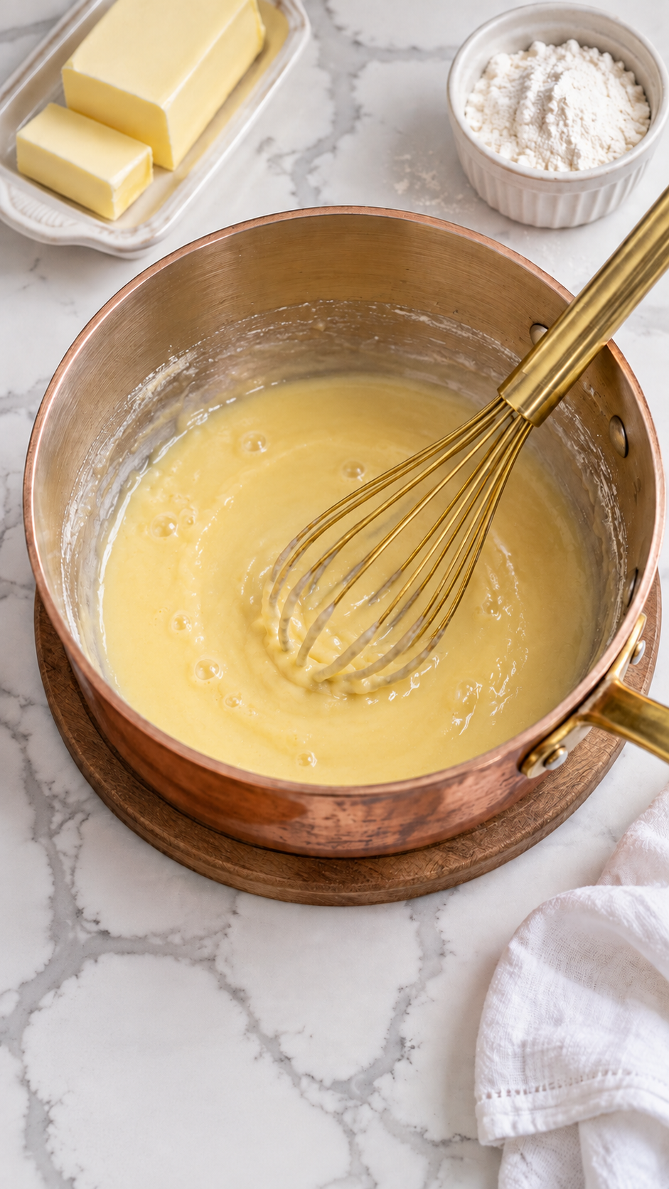 Pale butter-and-flour roux in a pot with a whisk.
