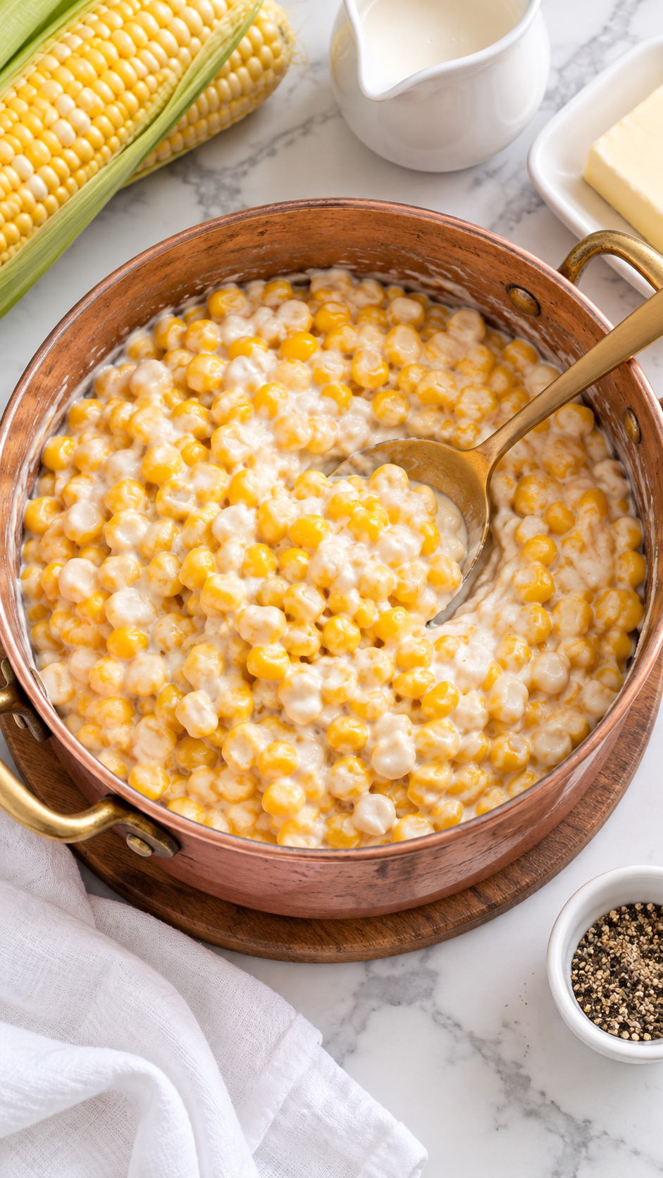 Corn kernels coated in thickened cream sauce after simmering.