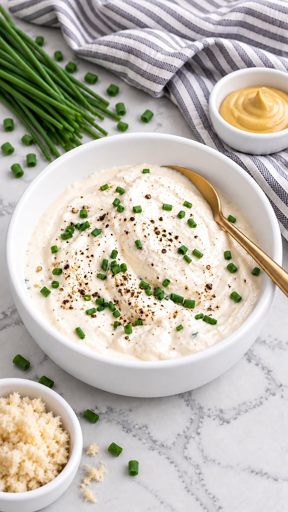 Finished creamy horseradish sauce with fresh chives, ready to serve.