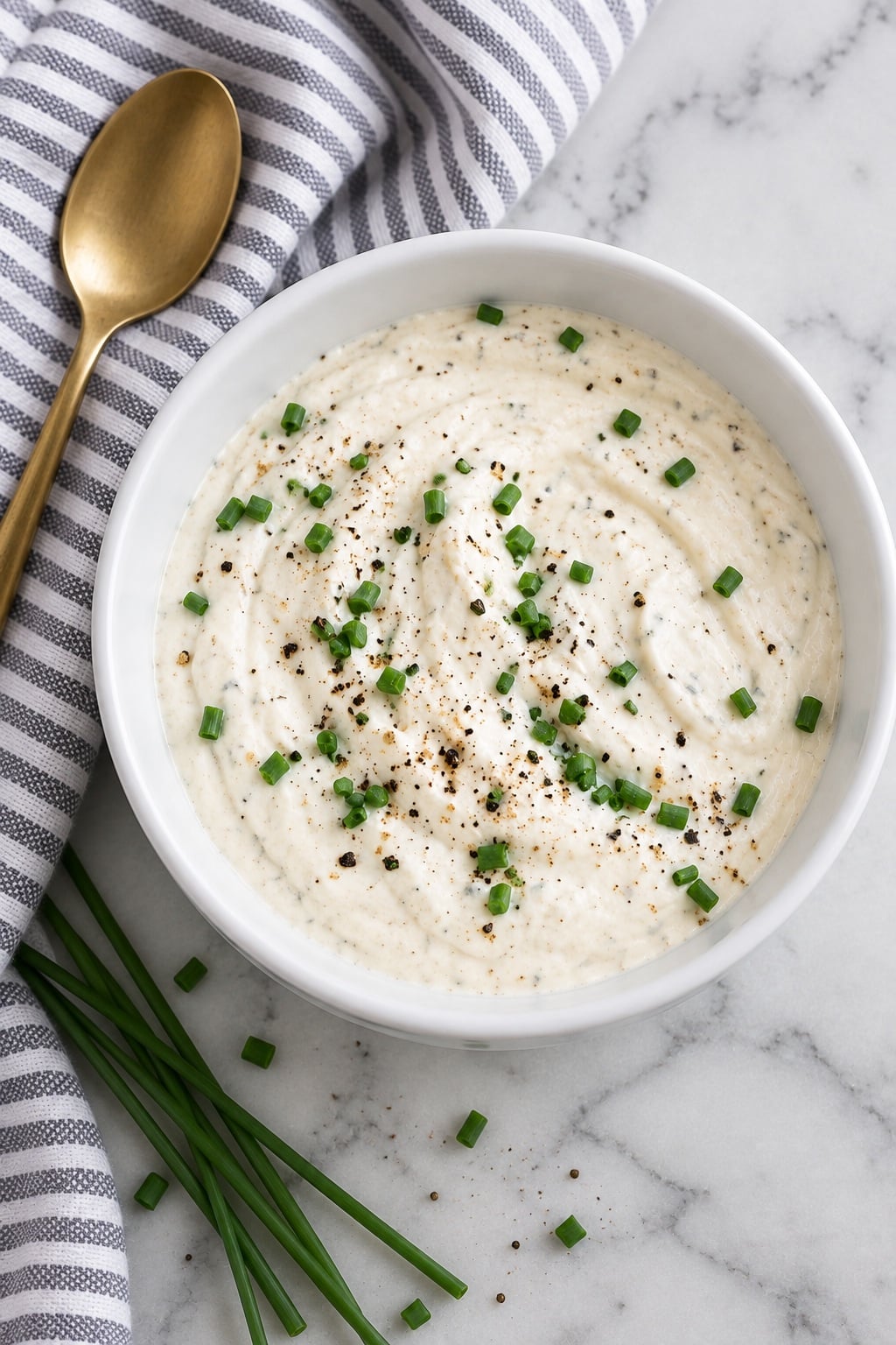 Overhead view of creamy horseradish sauce with fresh chives and a gold spoon beside the bowl.