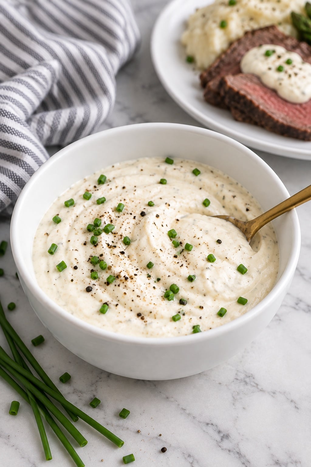 Creamy horseradish sauce in a white ceramic bowl beside sliced prime rib and mashed potatoes.