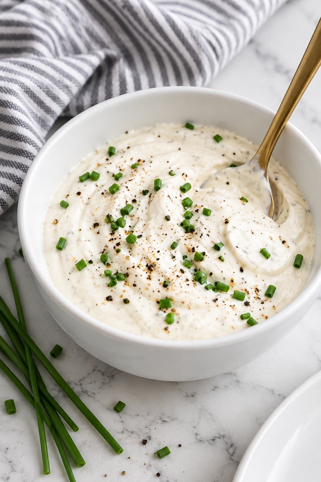 Creamy horseradish sauce topped with chives and black pepper in a plain white ceramic bowl.