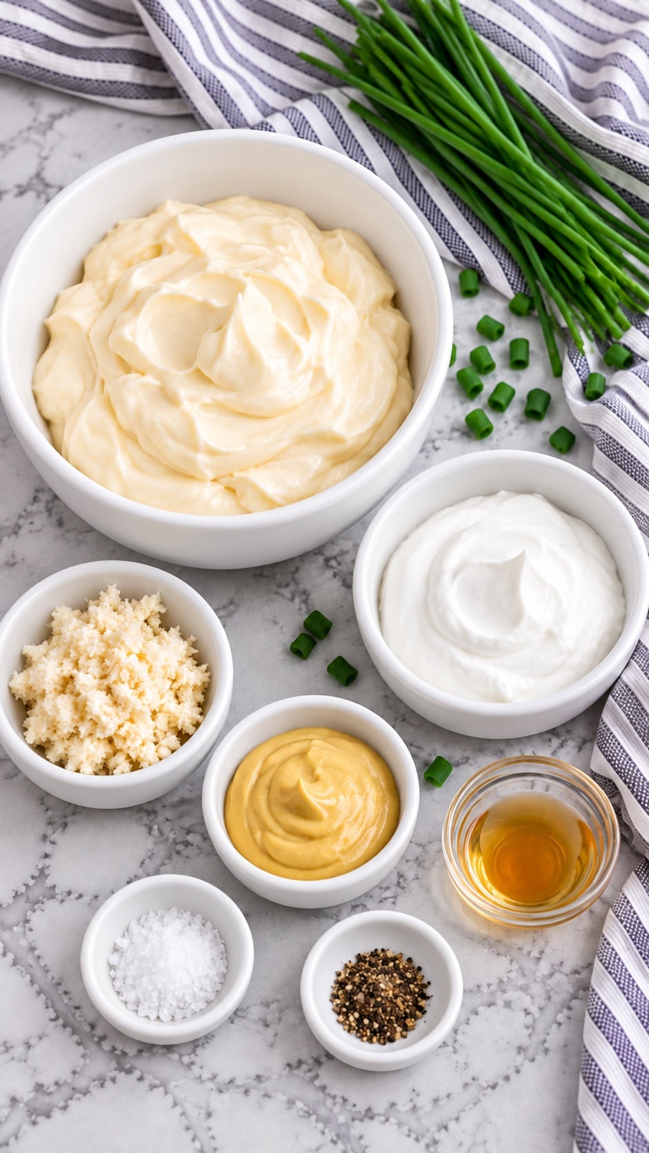 Sour cream, mayonnaise, prepared horseradish, Dijon, vinegar, salt, pepper, and chives.