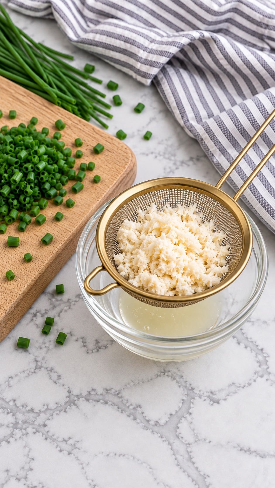 Prepared horseradish draining in a fine-mesh strainer beside chopped chives.