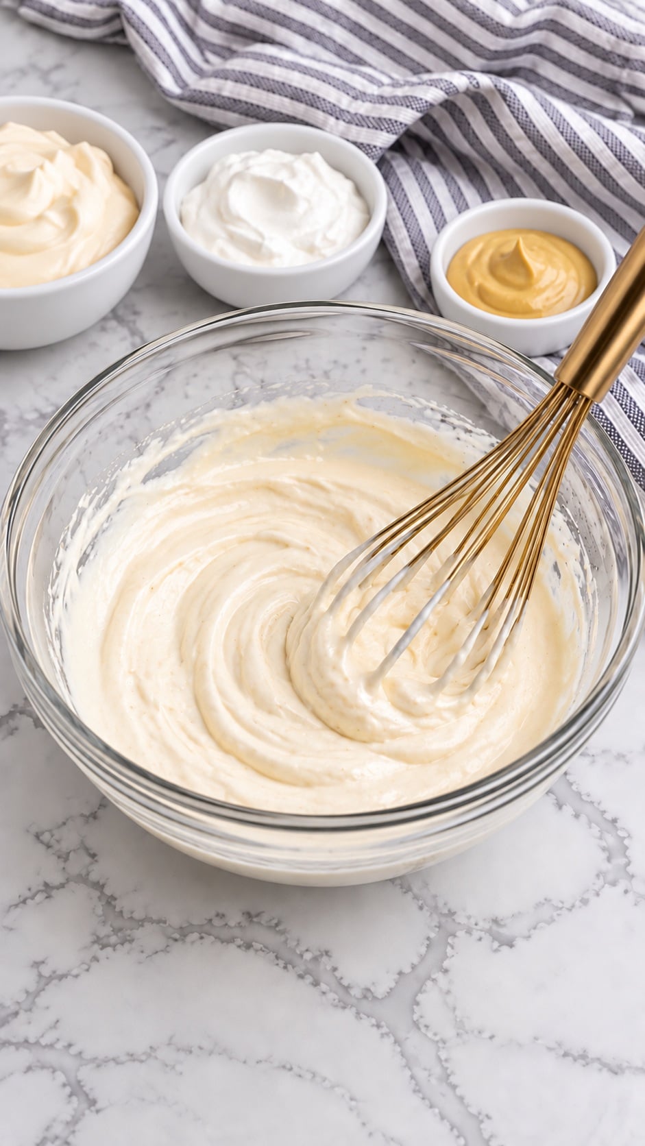Sour cream, mayonnaise, and Dijon whisked into a smooth base.