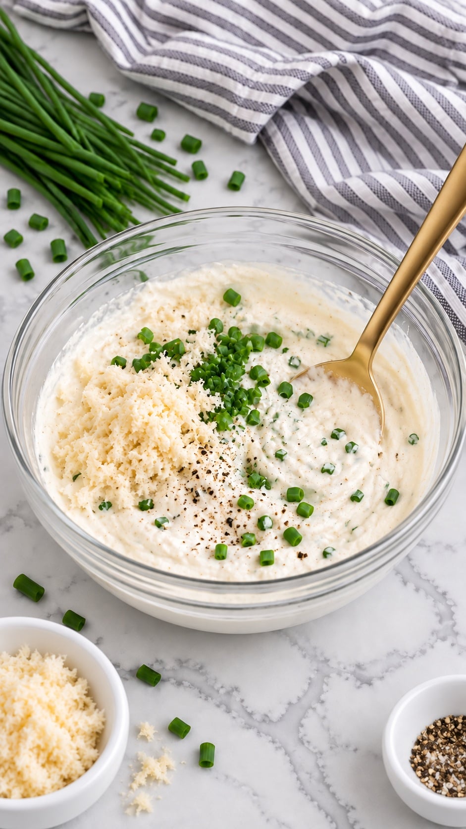 Horseradish, chives, and seasonings being stirred into the creamy base.
