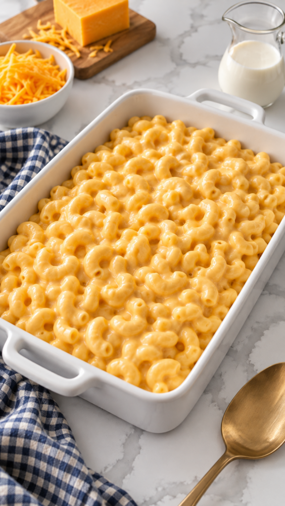 Creamy macaroni and cheese in a white rectangular serving dish.