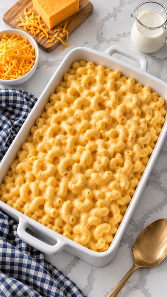 A higher view of creamy elbow macaroni in a white rectangular dish.